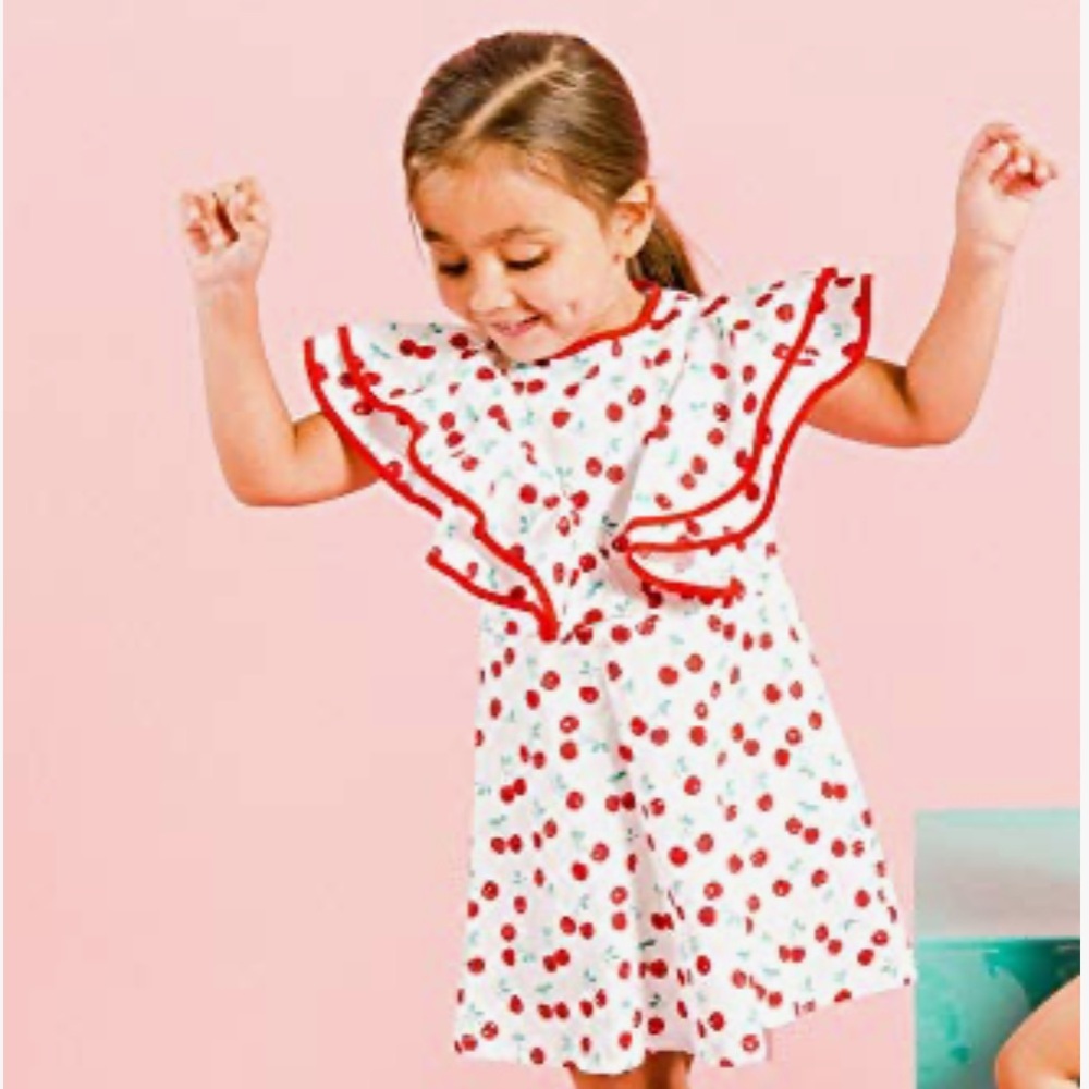 New! Kinderkind Cherry Printed Ruffle Dress for Toddler Girl, Size 5T